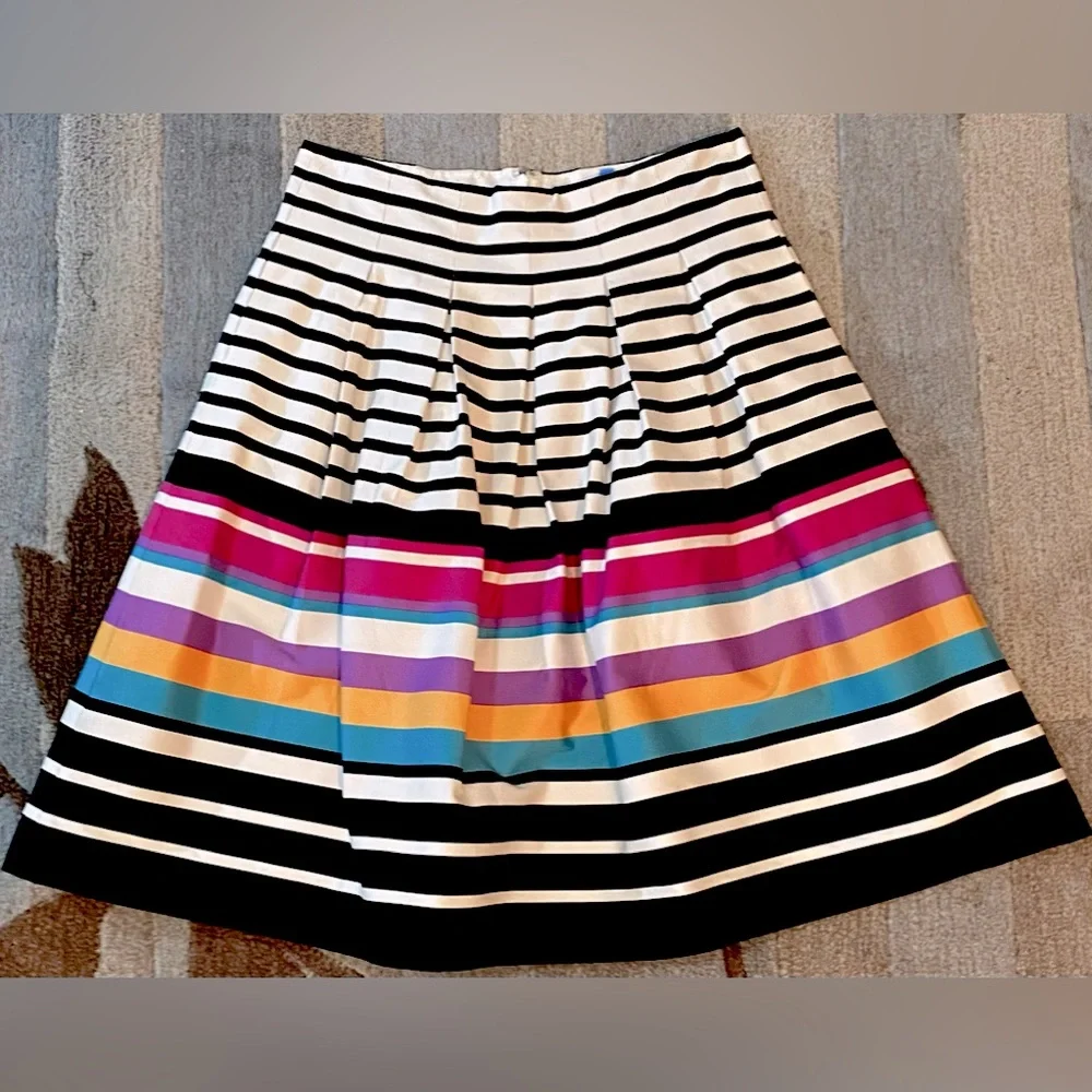 Banana Republic Pleated Skirt Black & White Stripes Bursts To A Rainbow of Color